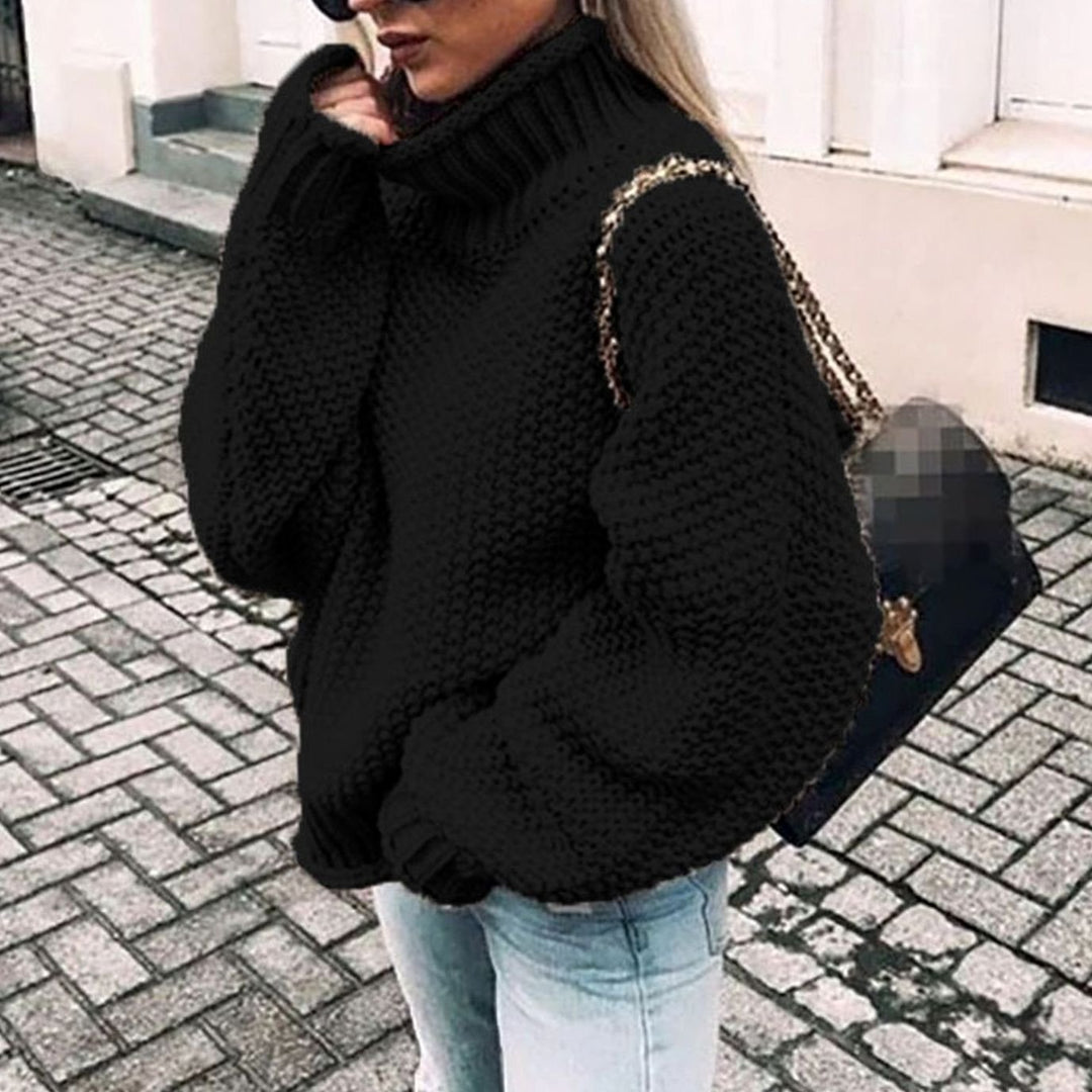 Damen Oversize Grobstrick-Pullover mit Rollkragen für den Winter - Schwarz