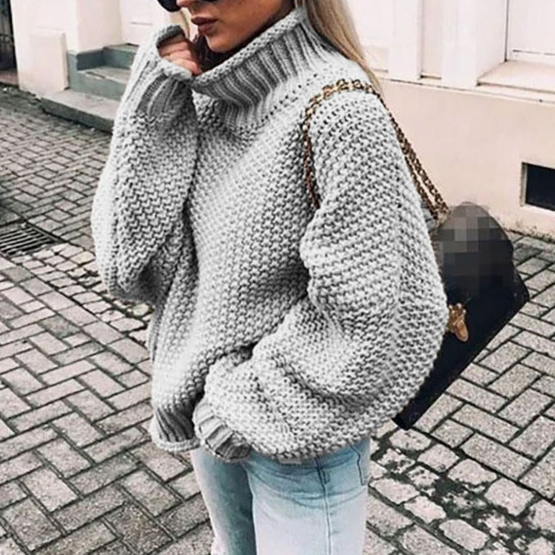 Damen Oversize Grobstrick-Pullover mit Rollkragen für den Winter - Grau