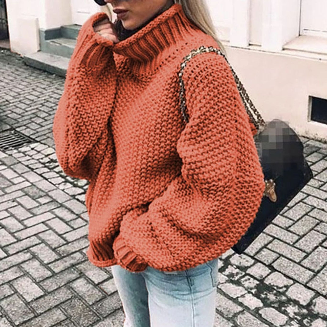 Damen Oversize Grobstrick-Pullover mit Rollkragen für den Winter - Orange