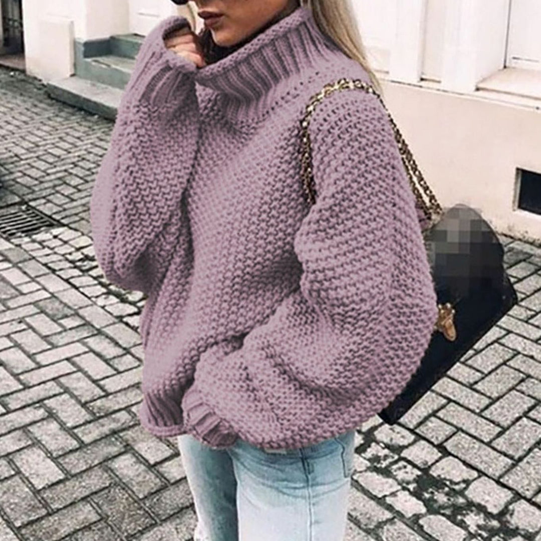 Damen Oversize Grobstrick-Pullover mit Rollkragen für den Winter - Lila