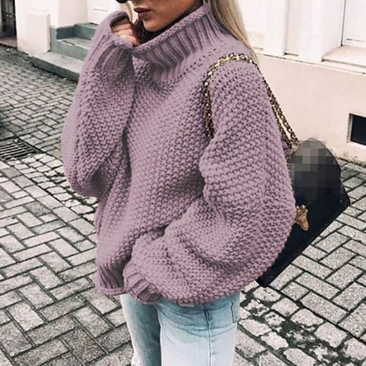 Damen Oversize Grobstrick-Pullover mit Rollkragen für den Winter - Lila