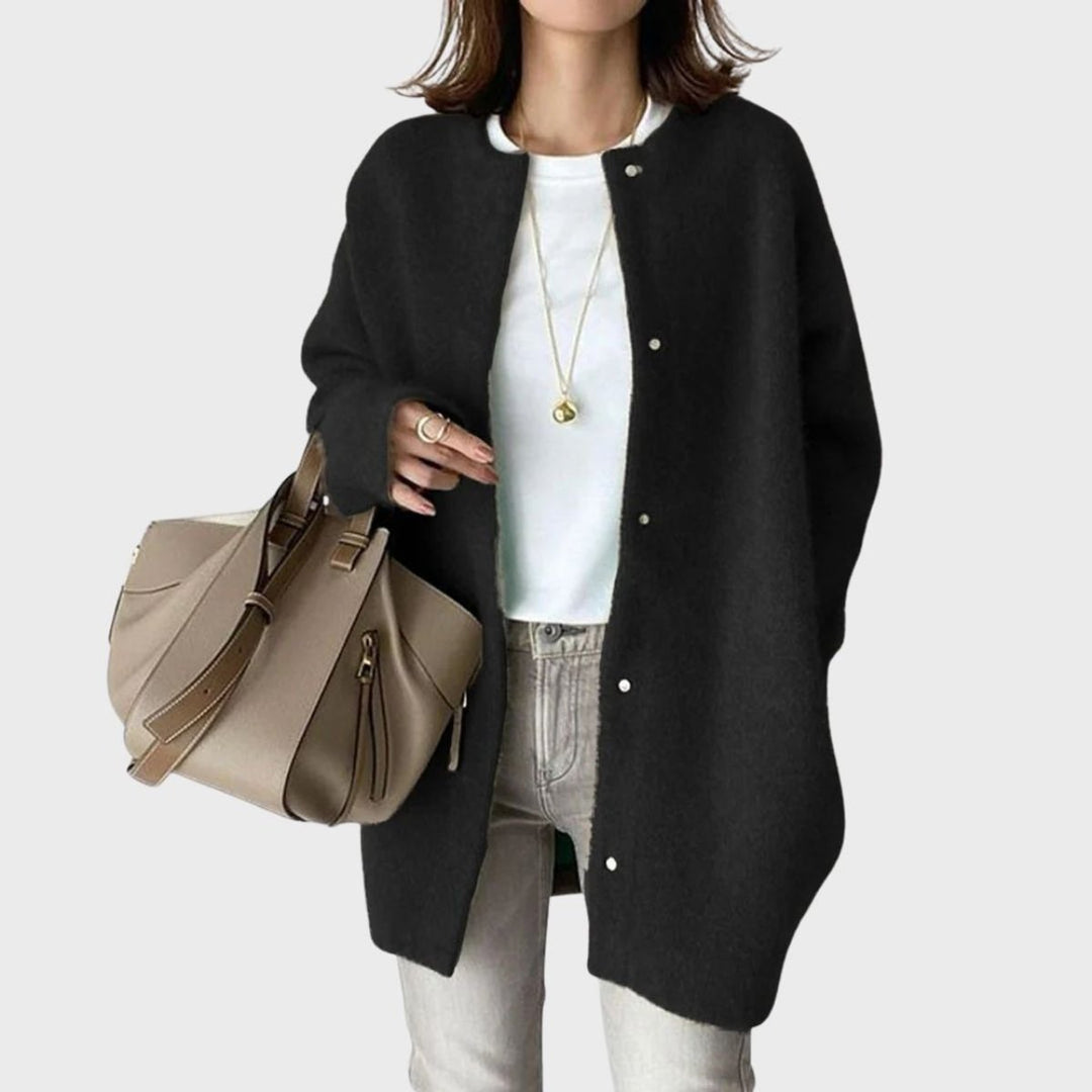 Damen Oversize Kaschmir Cardigan mit Druckknöpfen - Schwarz
