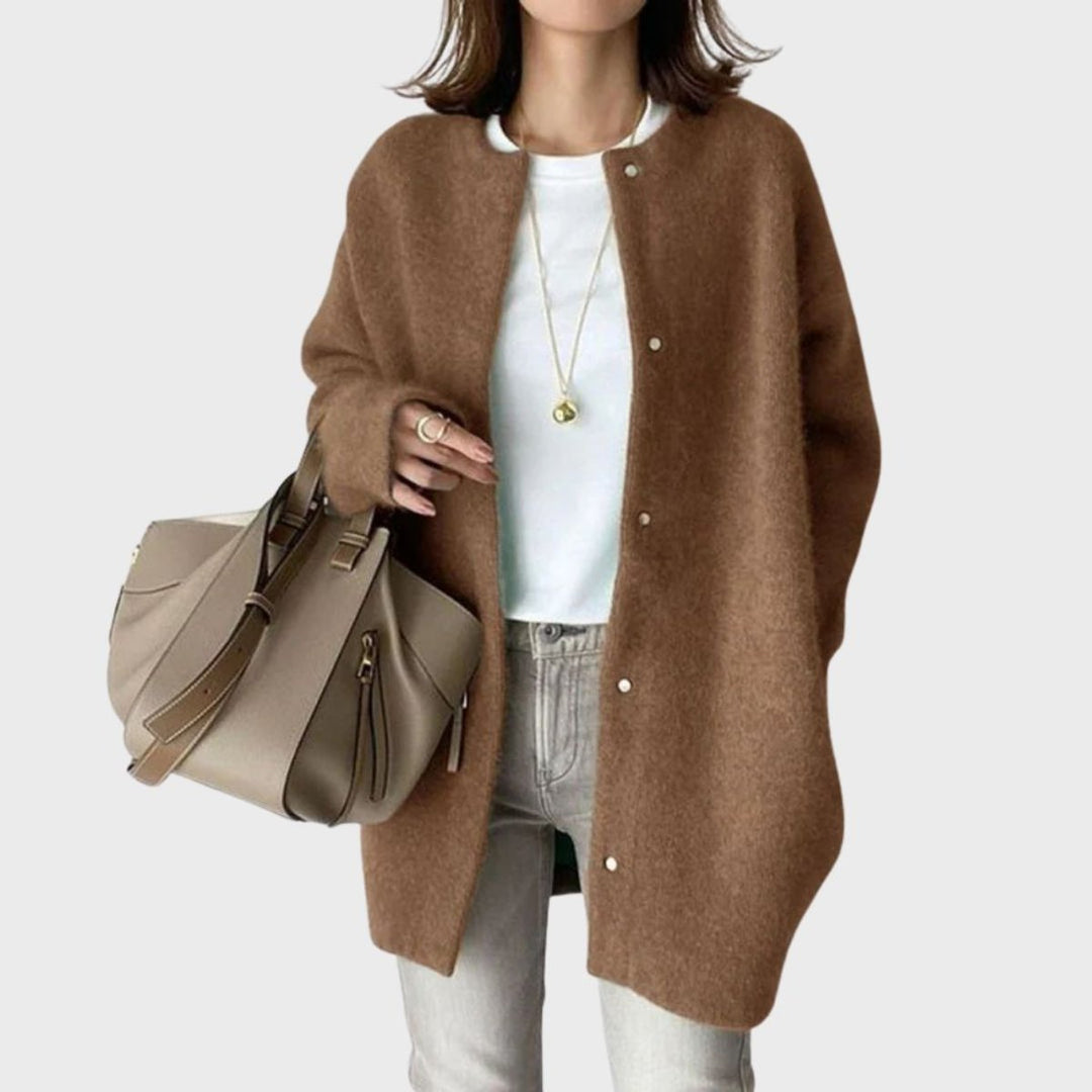 Damen Oversize Kaschmir Cardigan mit Druckknöpfen - Braun