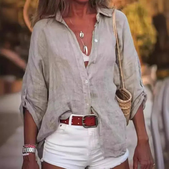 Damen Oversize Leinen Langarm Bluse mit Knopfleiste - Gray
