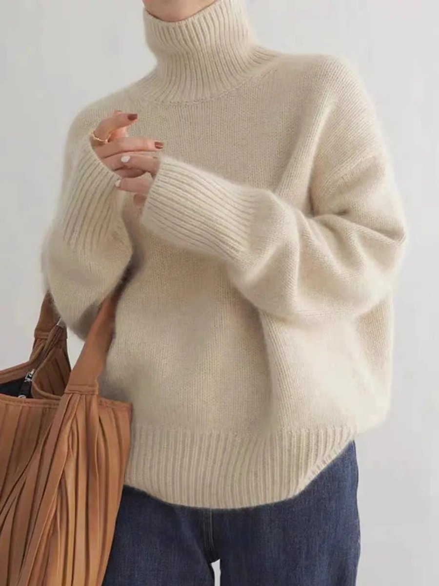 Damen Oversize Rollkragen Knit Sweater aus weichem Kaschmirstrick - Beige