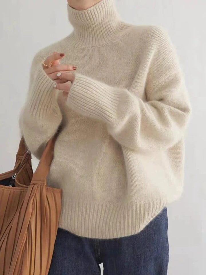 Damen Oversize Rollkragen Knit Sweater aus weichem Kaschmirstrick - Beige