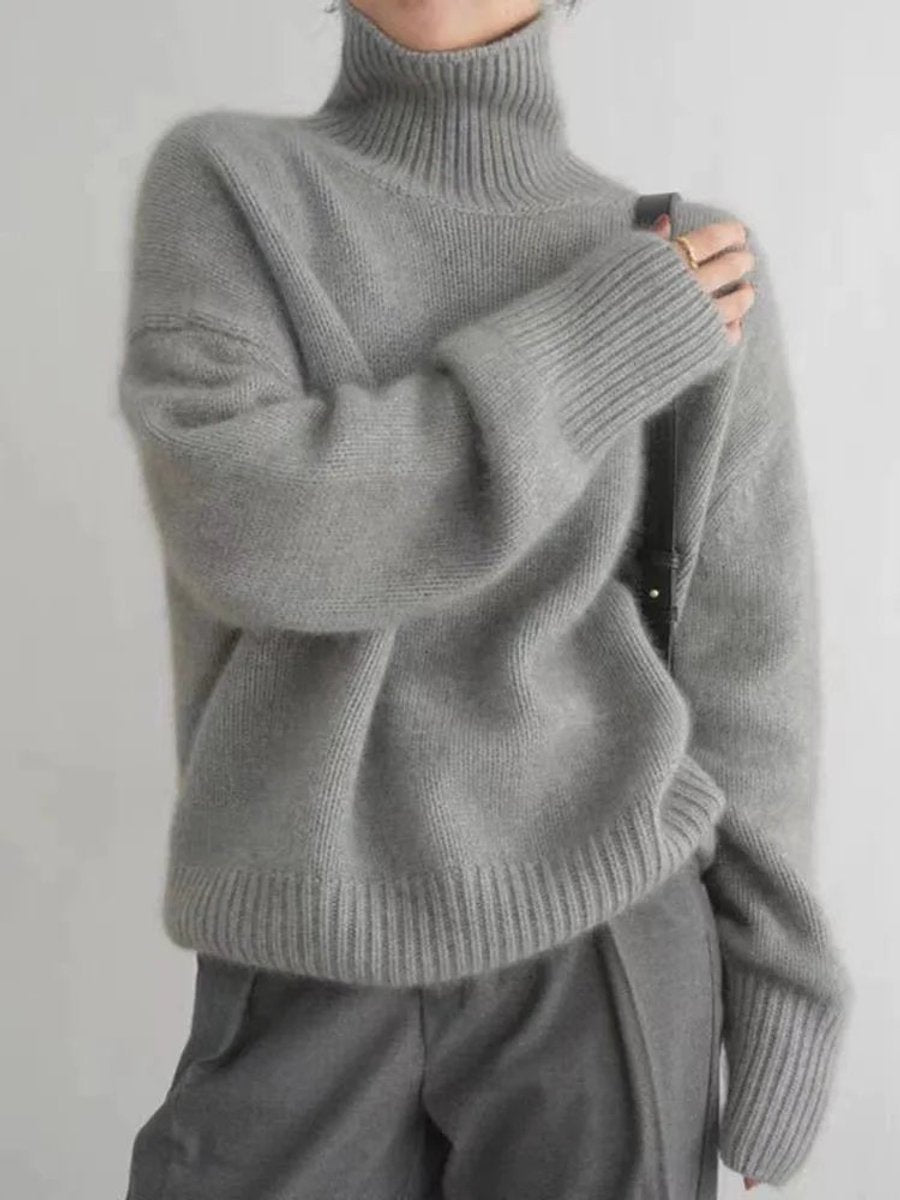 Damen Oversize Rollkragen Knit Sweater aus weichem Kaschmirstrick - Grau