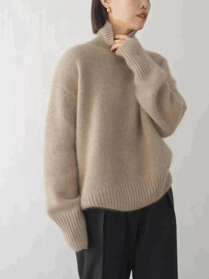 Damen Oversize Rollkragen Knit Sweater aus weichem Kaschmirstrick - Khaki