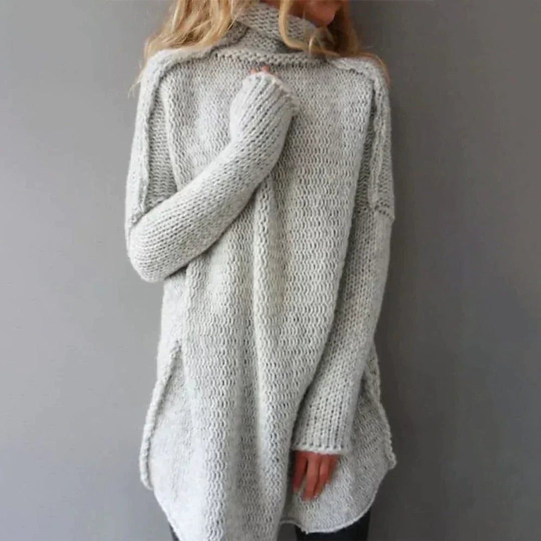 Damen Oversize Rollkragenpullover Grob Gestrickt Langarm - Grau