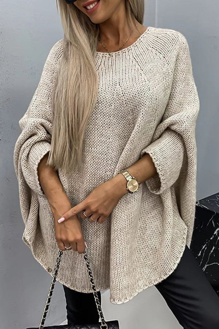 Damen Oversize Rundhals Knit Sweater mit Fledermausärmeln - Beige