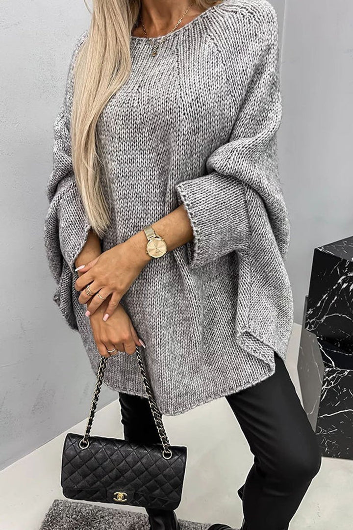 Damen Oversize Rundhals Knit Sweater mit Fledermausärmeln - Grau