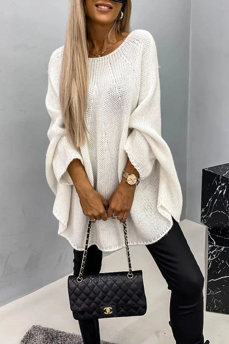 Damen Oversize Rundhals Knit Sweater mit Fledermausärmeln - Creme