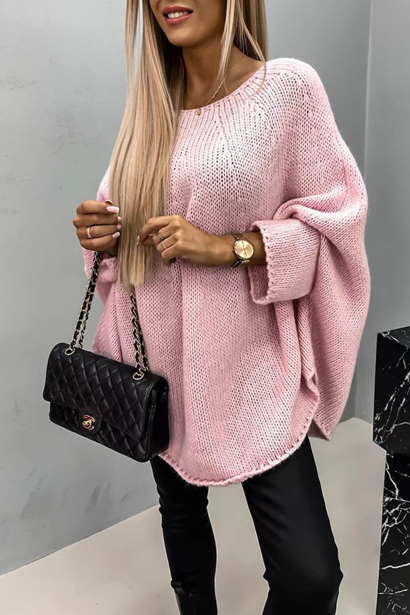Damen Oversize Rundhals Knit Sweater mit Fledermausärmeln - Rosa