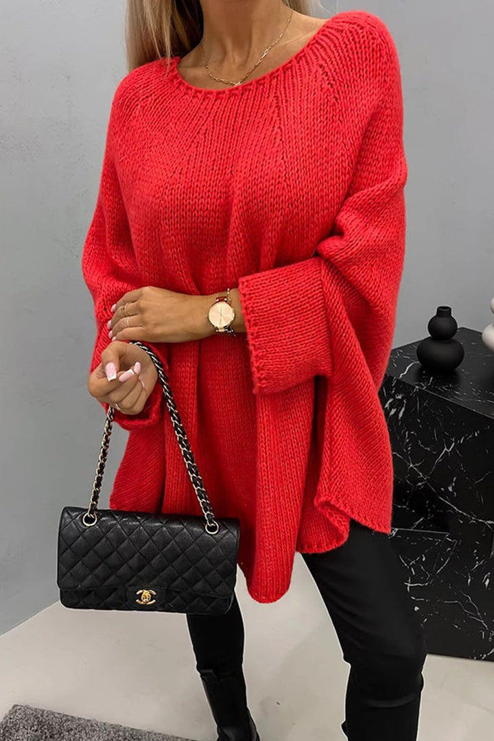 Damen Oversize Rundhals Knit Sweater mit Fledermausärmeln - Rot