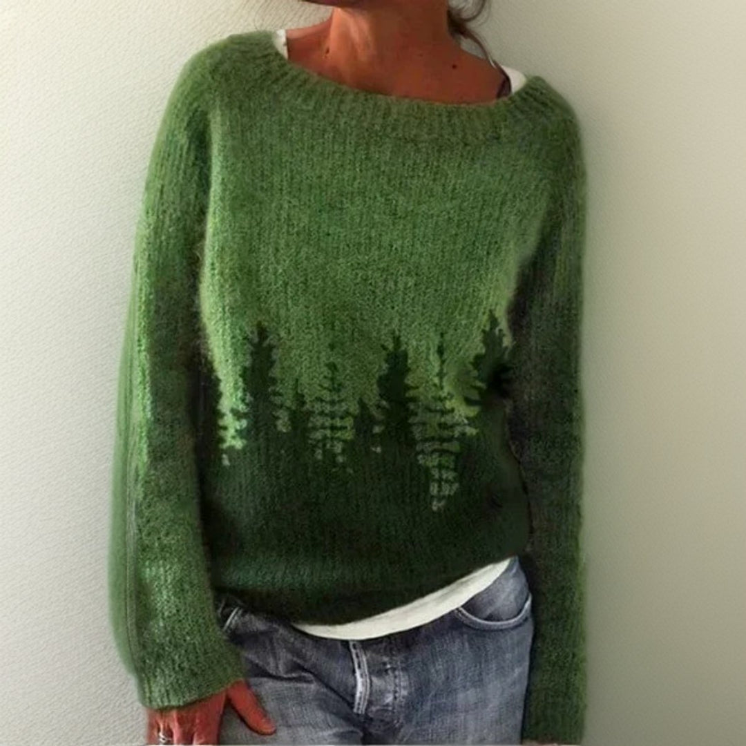 Damen Oversize Rundhals Knit Sweater mit Tannenbaum-Muster