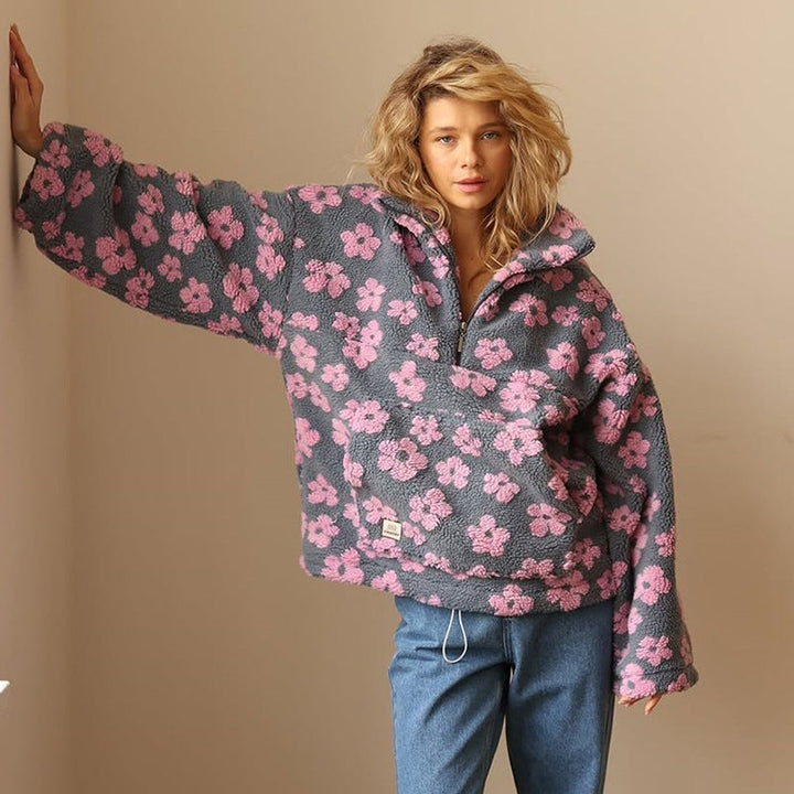 Damen Oversize Sherpa Fleece Pullover Sweater Blumenmuster