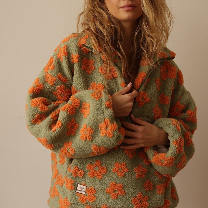 Damen Oversize Sherpa Fleece Pullover Sweater Blumenmuster - Orange