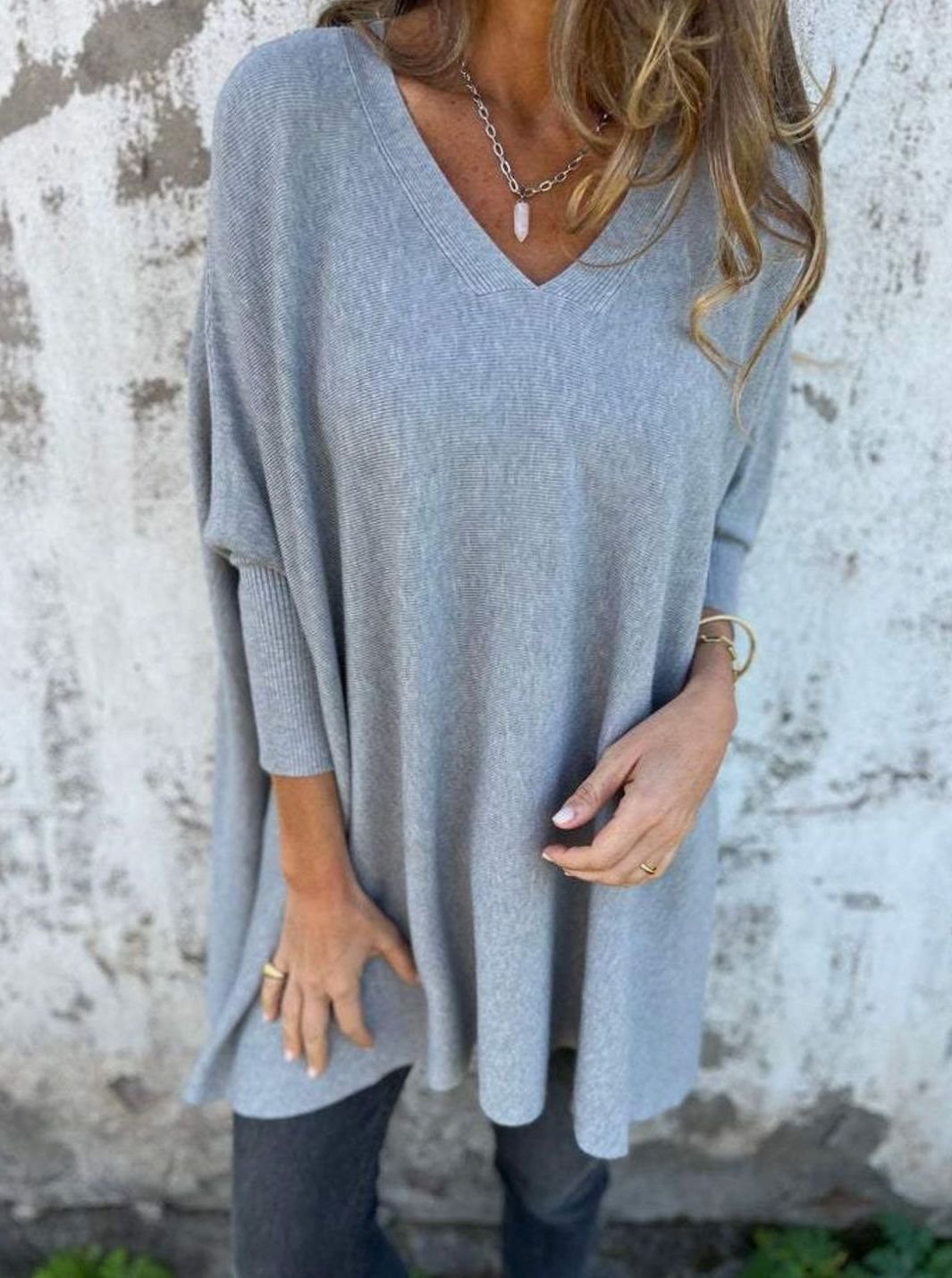 Damen Oversize-Strickpullover lockerer Passform und V-Ausschnitt - Grau
