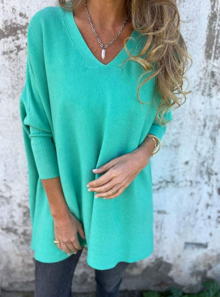 Damen Oversize-Strickpullover lockerer Passform und V-Ausschnitt - Blau