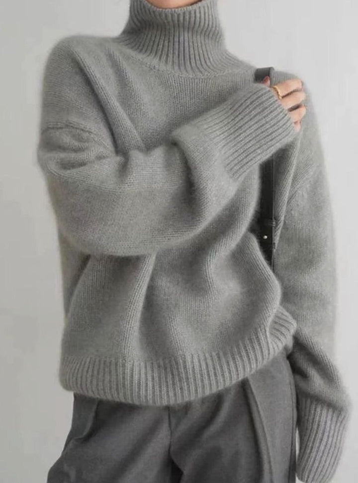Damen Oversize Strickpullover mit hohem Kragen - Grau
