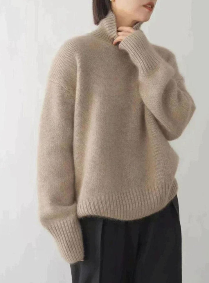 Damen Oversize Strickpullover mit hohem Kragen - Khaki