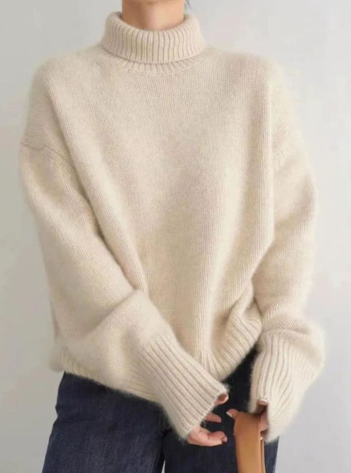Damen Oversize Strickpullover mit hohem Kragen - Beige