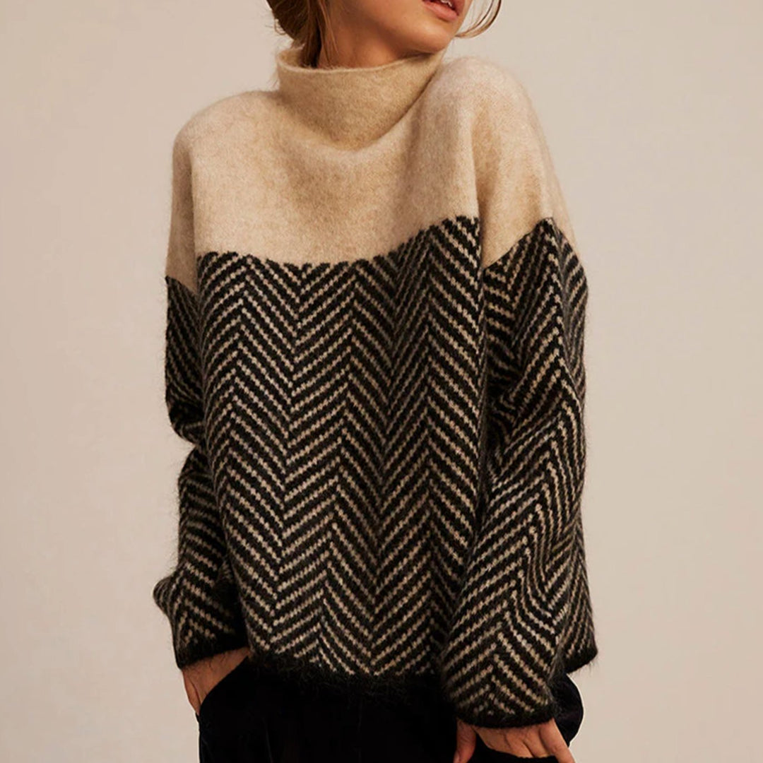 Damen Oversize Strickpullover mit hohem Kragen Fischgrätmuster - Eichenbraun
