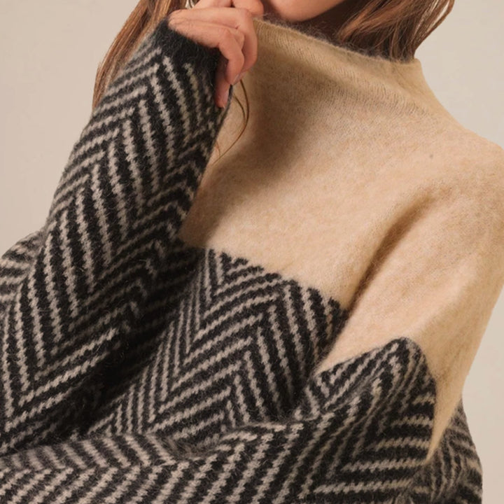 Damen Oversize Strickpullover mit hohem Kragen Fischgrätmuster
