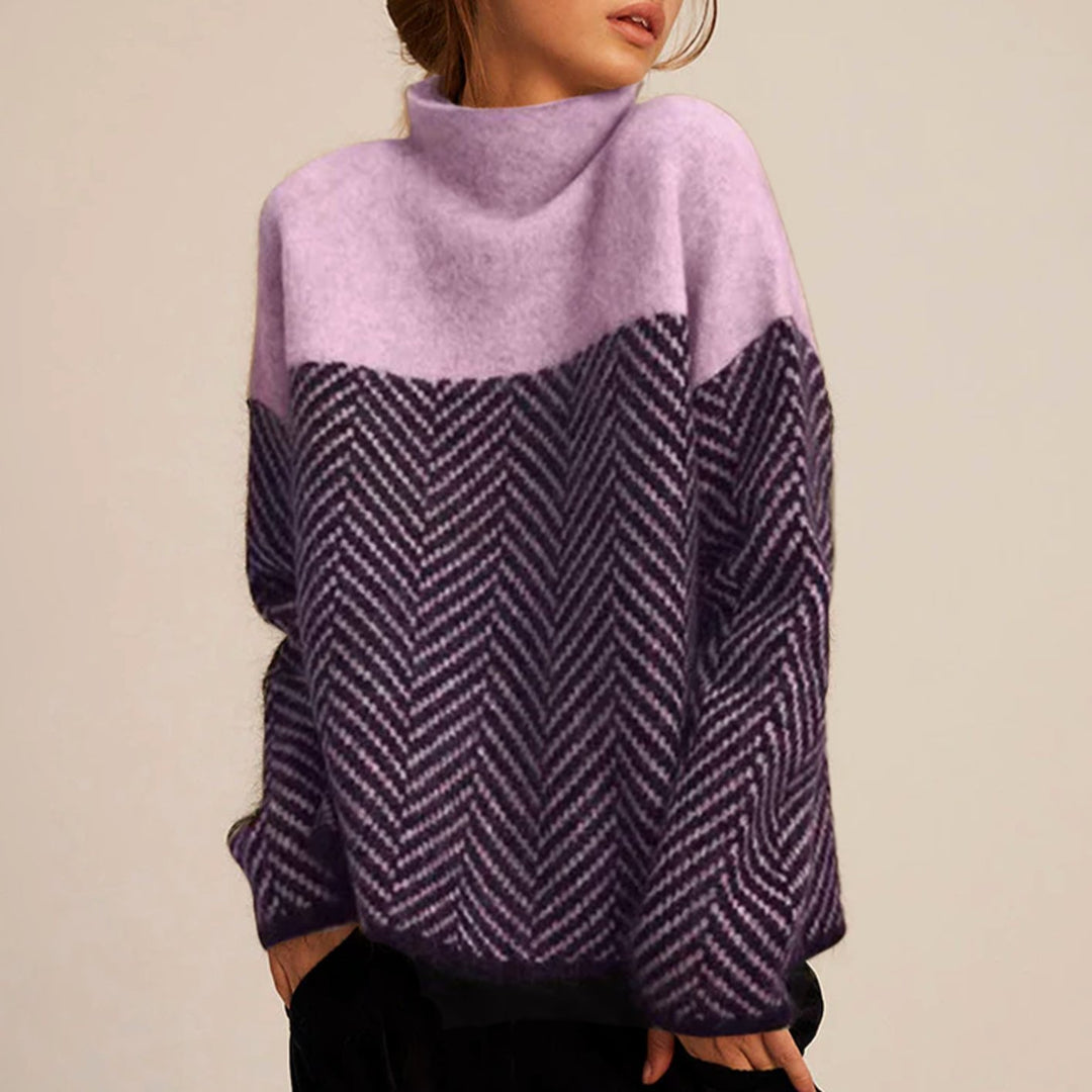 Damen Oversize Strickpullover mit hohem Kragen Fischgrätmuster - Flieder-Violett