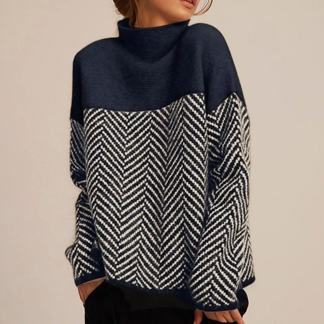 Damen Oversize Strickpullover mit hohem Kragen Fischgrätmuster - Nachtblau