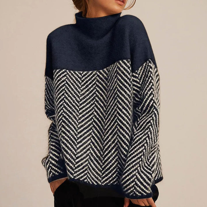 Damen Oversize Strickpullover mit hohem Kragen Fischgrätmuster - Nachtblau