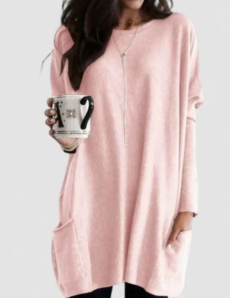 Damen Oversize Tunikakleid mit Langärmeln und Taschen - Rosa
