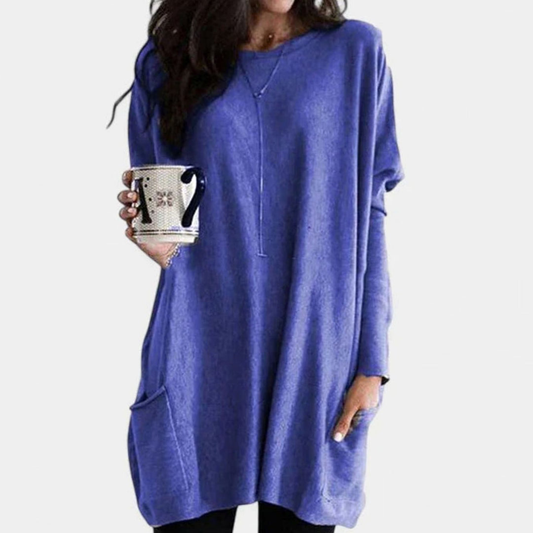 Damen Oversize Tunikakleid mit Langärmeln und Taschen - Blau