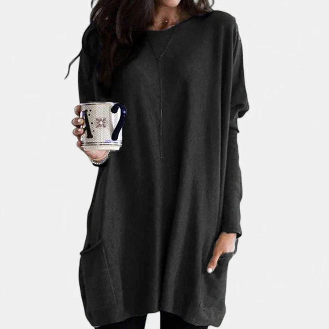 Damen Oversize Tunikakleid mit Langärmeln und Taschen - Schwarz