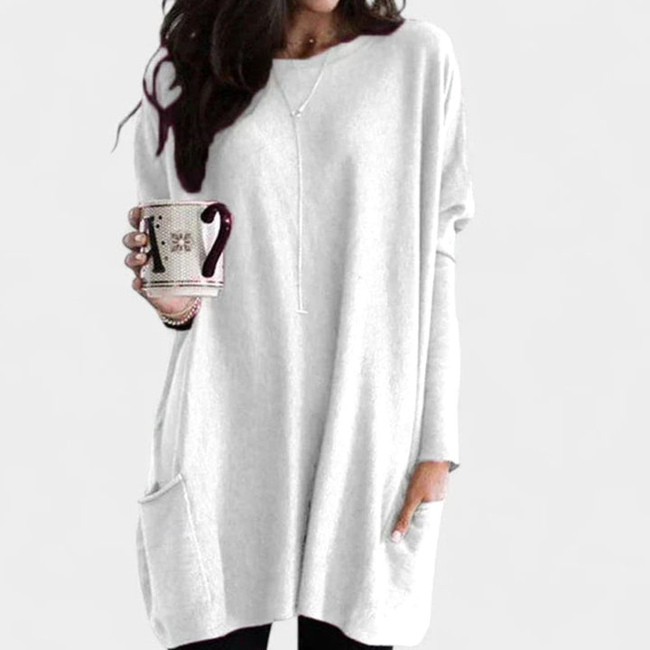 Damen Oversize Tunikakleid mit Langärmeln und Taschen - Weiß