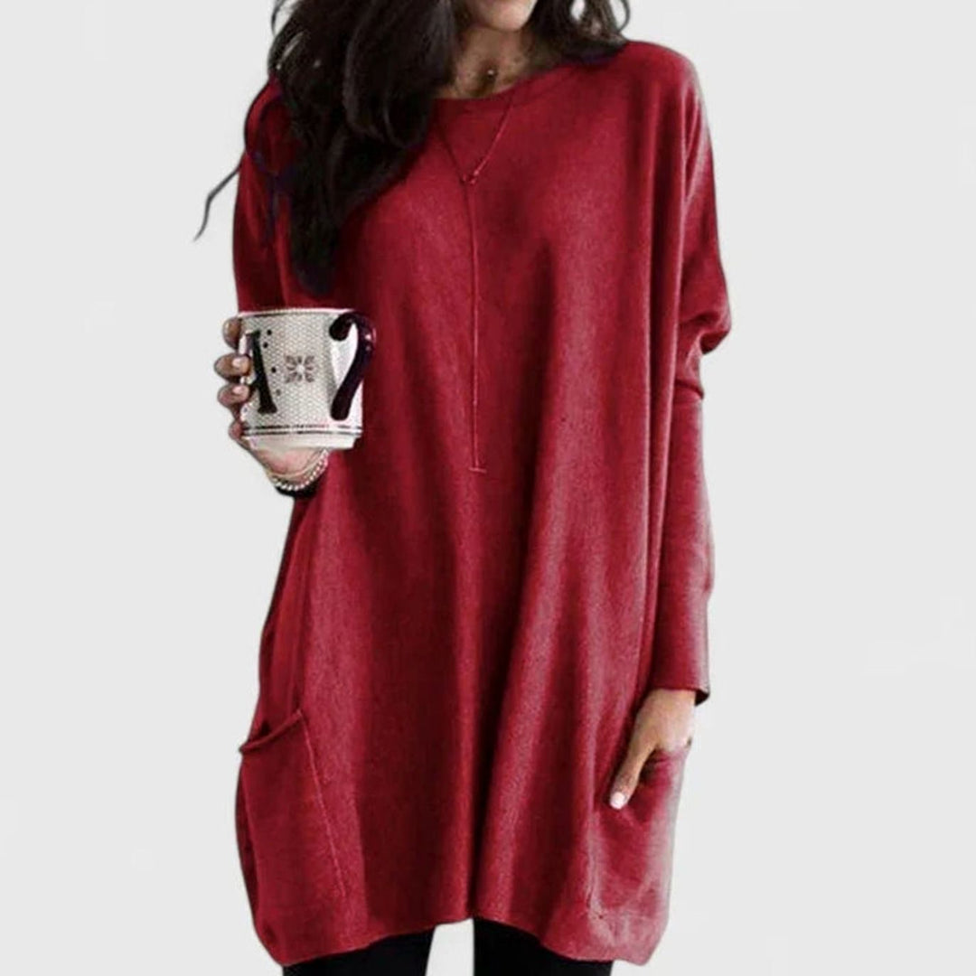 Damen Oversize Tunikakleid mit Langärmeln und Taschen - Rot