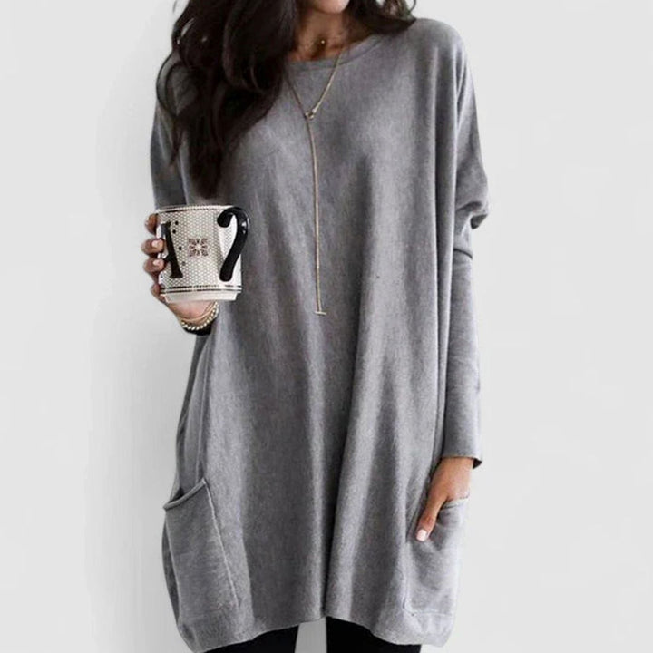 Damen Oversize Tunikakleid mit Langärmeln und Taschen - Grau