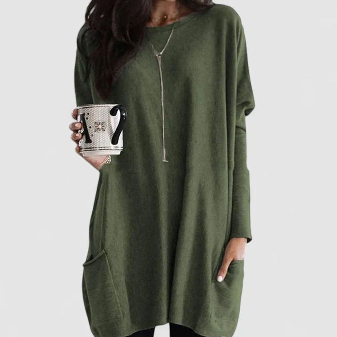 Damen Oversize Tunikakleid mit Langärmeln und Taschen - Olivgrün