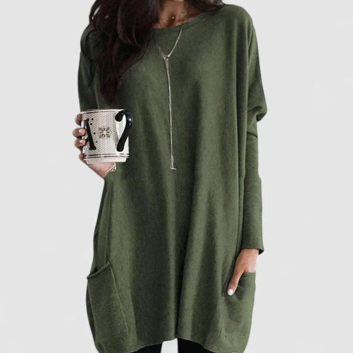 Damen Oversize Tunikakleid mit Langärmeln und Taschen - Olivgrün