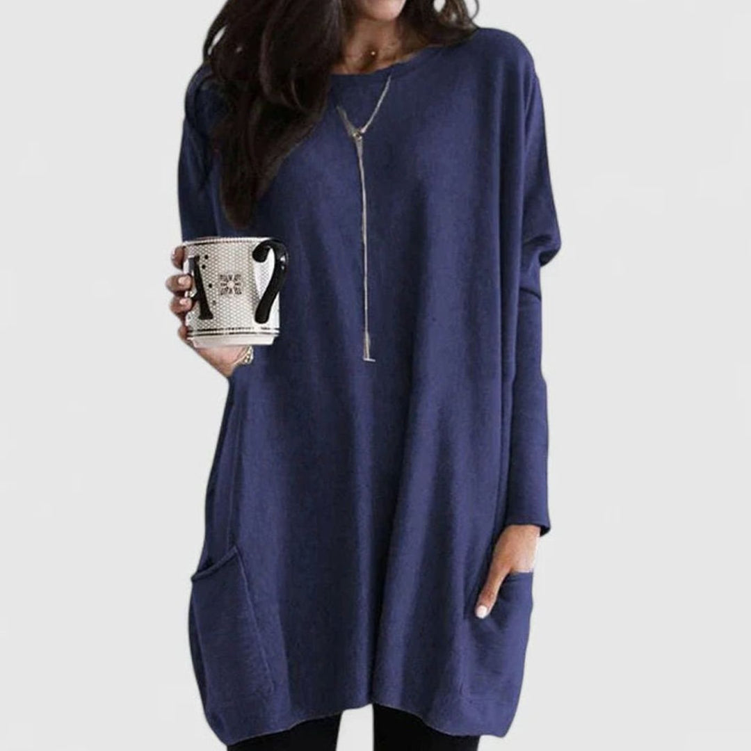 Damen Oversize Tunikakleid mit Langärmeln und Taschen - Marineblau