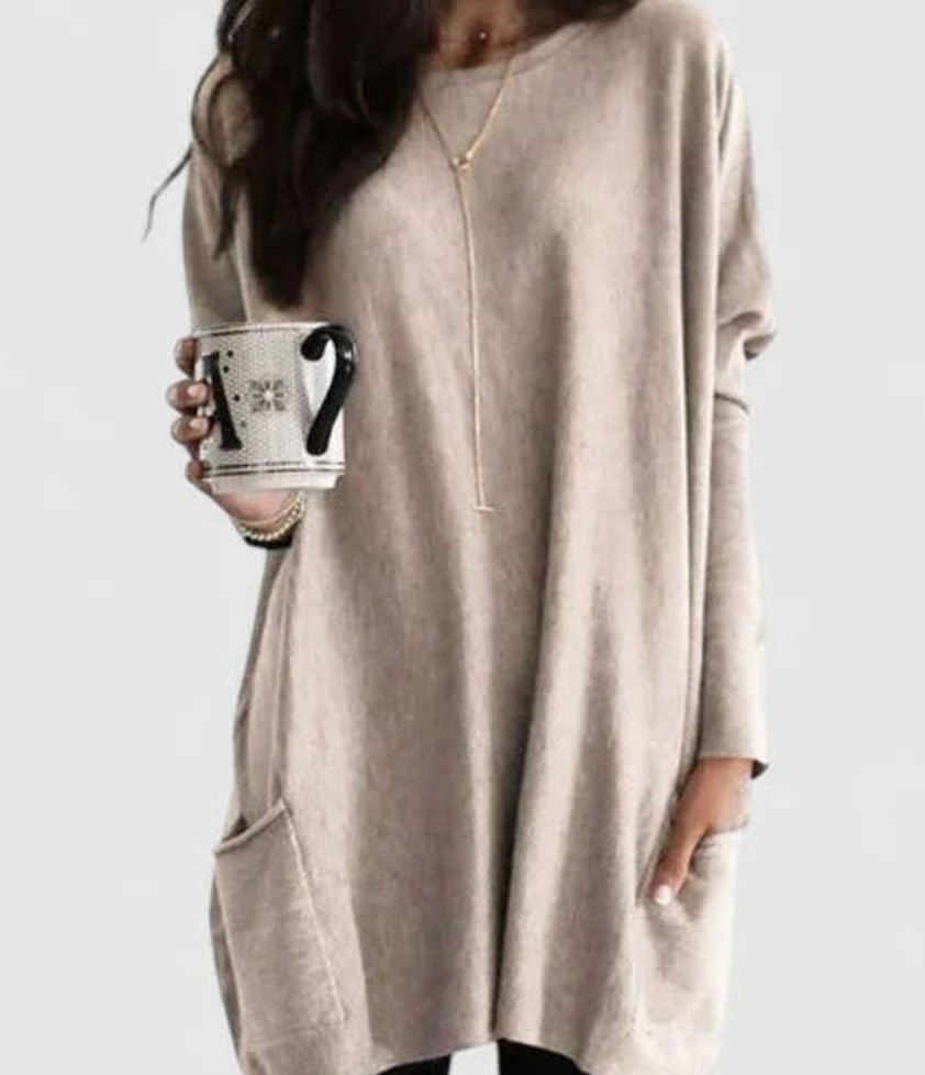 Damen Oversize Tunikakleid mit Langärmeln und Taschen - Beige