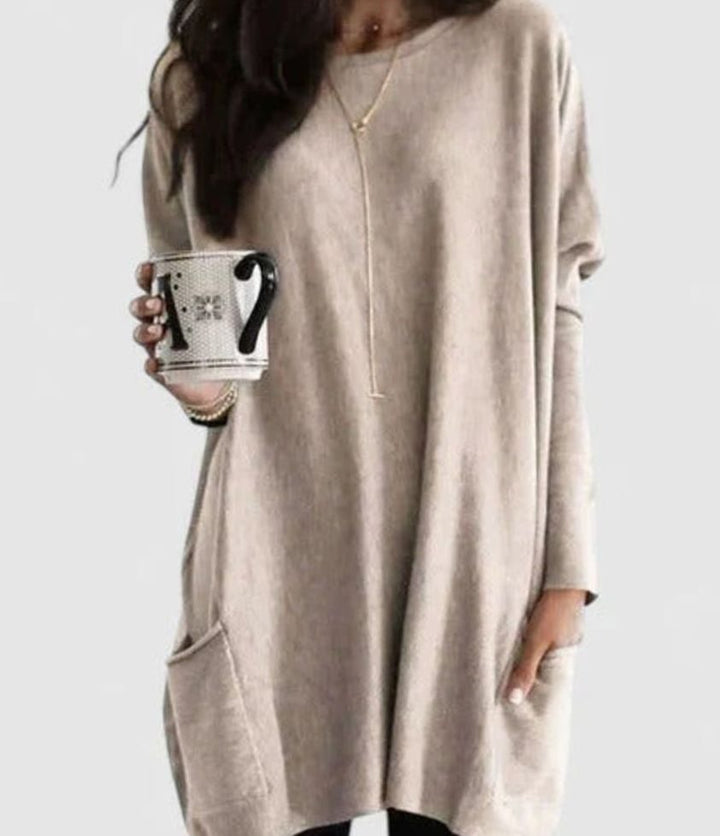 Damen Oversize Tunikakleid mit Langärmeln und Taschen - Beige