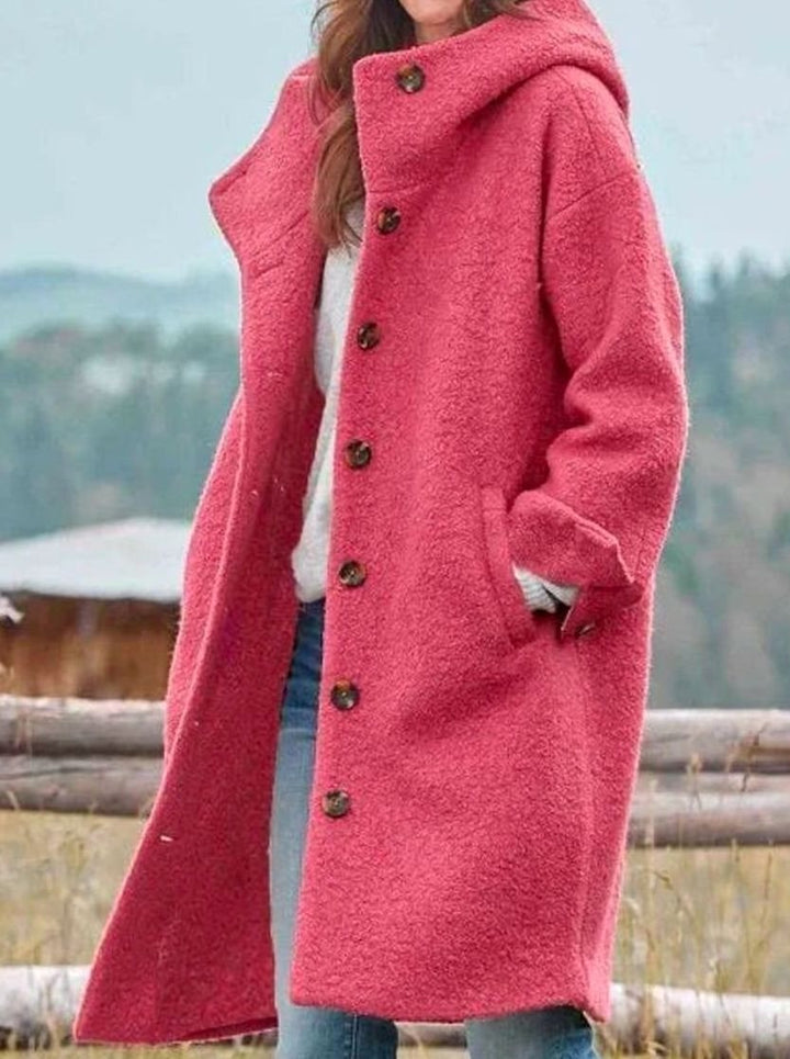 Damen Oversize Wintermantel mit Knopfleiste Kapuze Langer Teddy-Mantel - Rosa