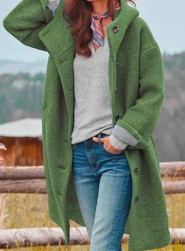 Damen Oversize Wintermantel mit Knopfleiste Kapuze Langer Teddy-Mantel - Grün