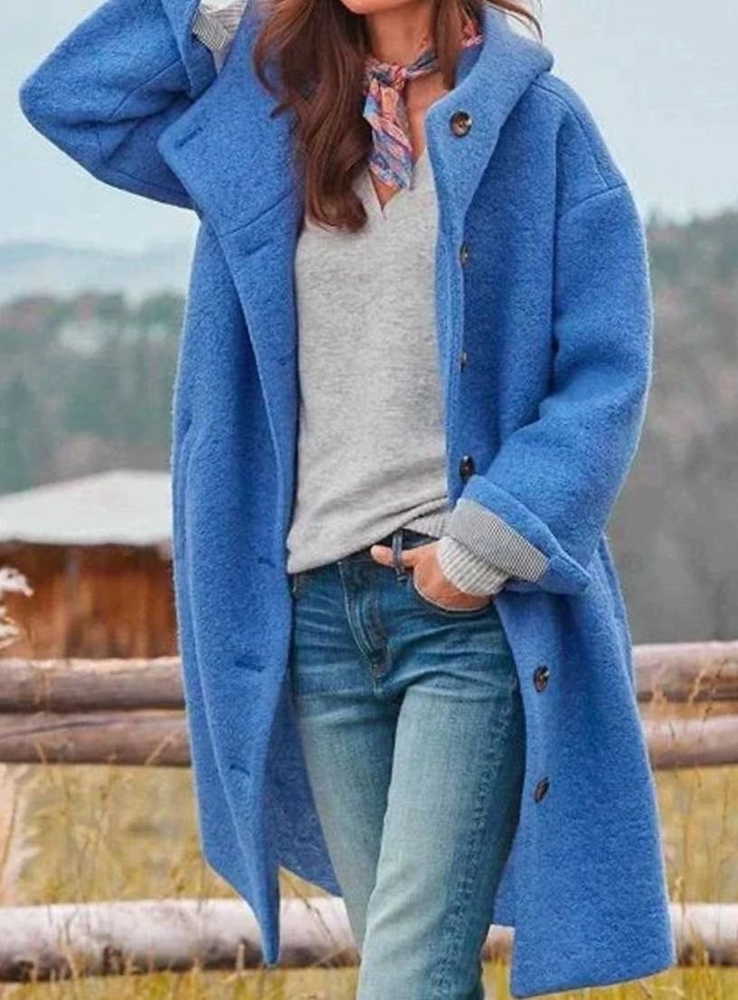 Damen Oversize Wintermantel mit Knopfleiste Kapuze Langer Teddy-Mantel - Blau