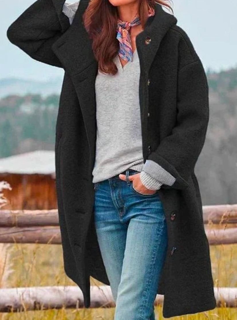 Damen Oversize Wintermantel mit Knopfleiste Kapuze Langer Teddy-Mantel - Schwarz
