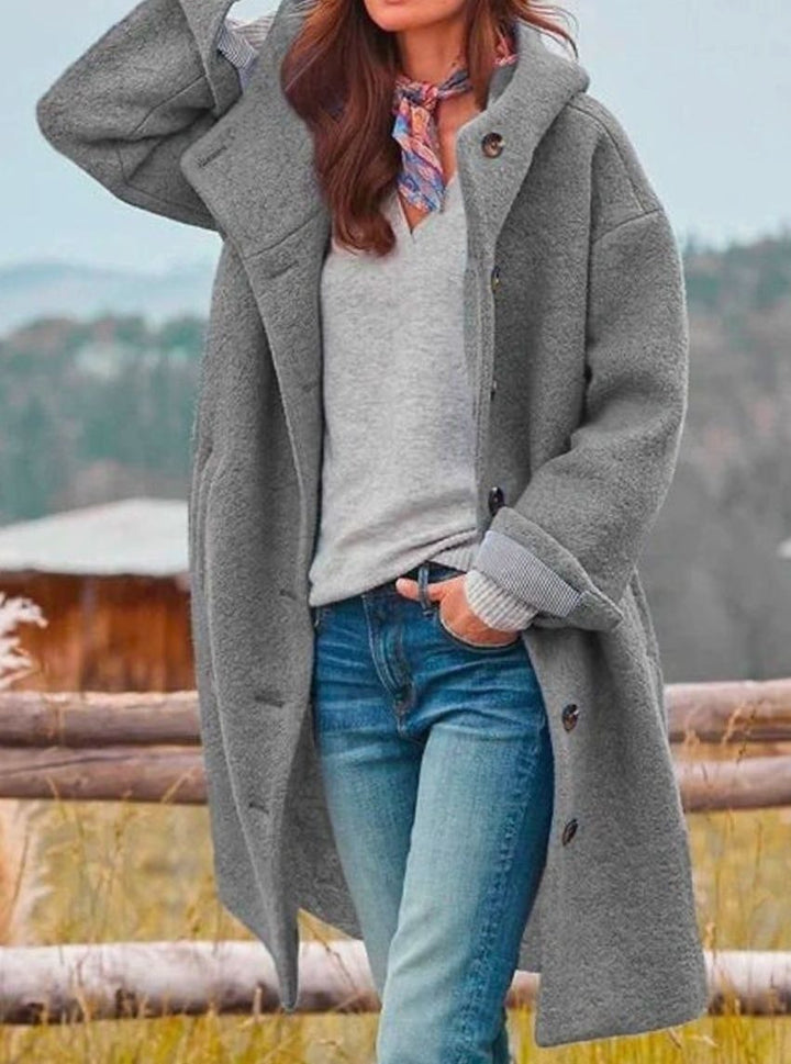 Damen Oversize Wintermantel mit Knopfleiste Kapuze Langer Teddy-Mantel - Grau