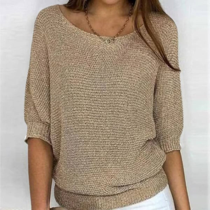 Damen Oversized Baumwoll-Mix 3/4-Ärmel Strickpullover - Beige