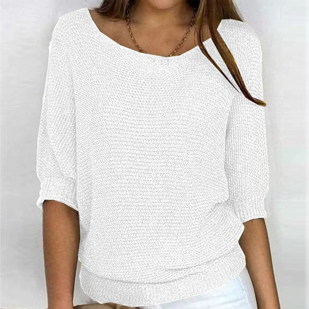 Damen Oversized Baumwoll-Mix 3/4-Ärmel Strickpullover - White