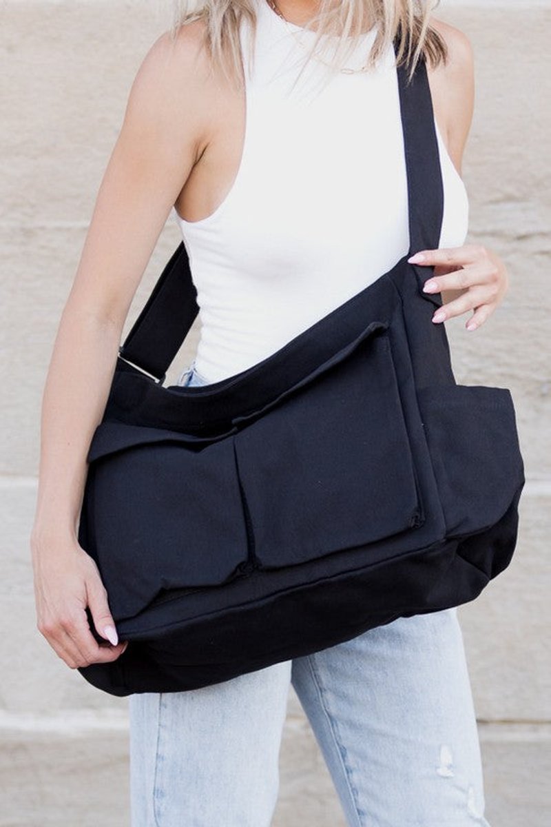 Damen Oversized Canvas Tote Bag Messenger Umhängetasche - Schwarz